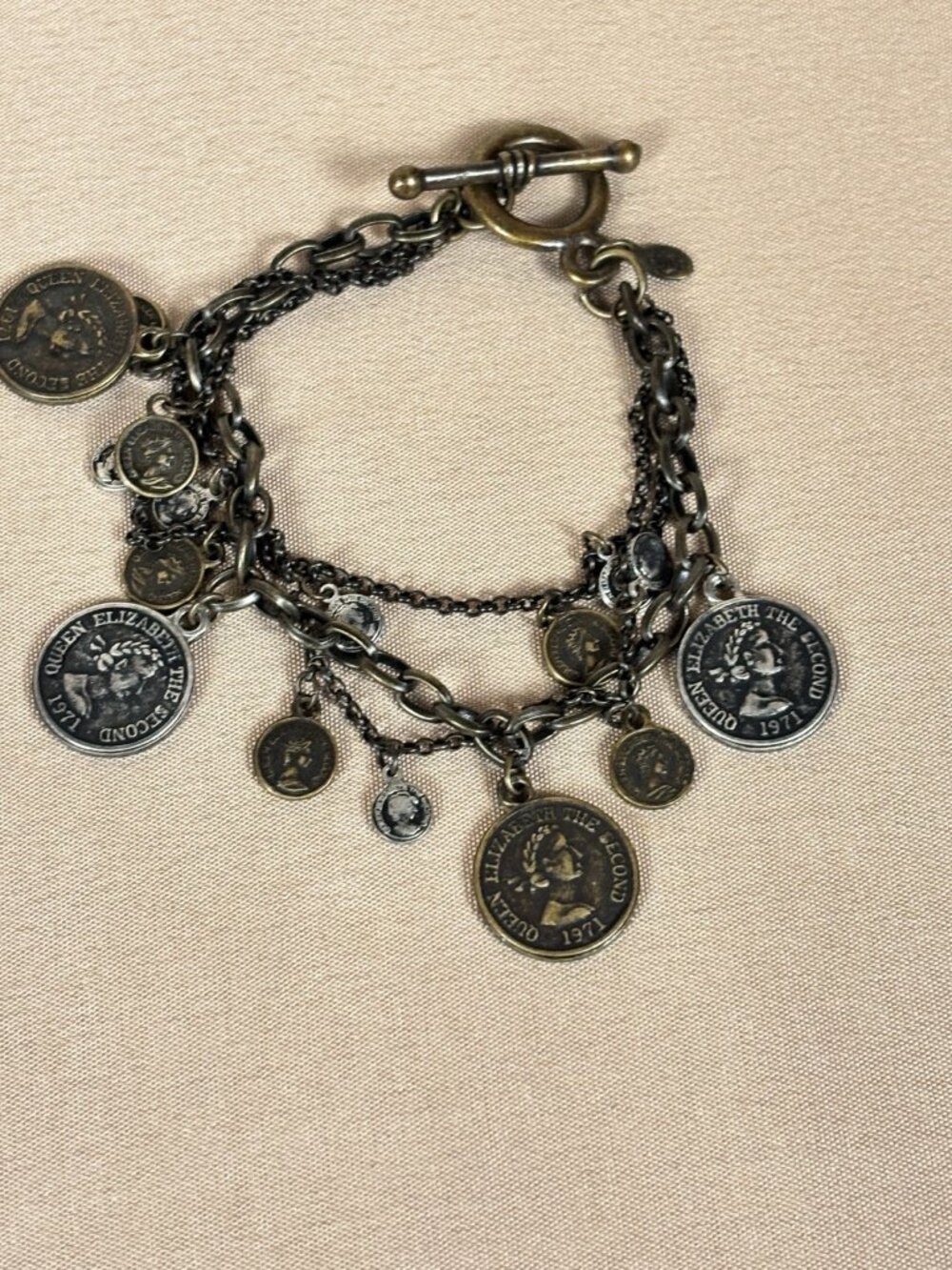 Charm Bracelet Bronze and Silver Tone Faux Coins Premier Designs Size 6 A68
